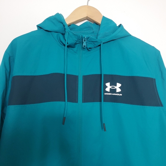 Under Armour Mens Windbreaker Size Large Teal Hooded Rain Jacket Outdoor Hiking - Picture 3 of 12